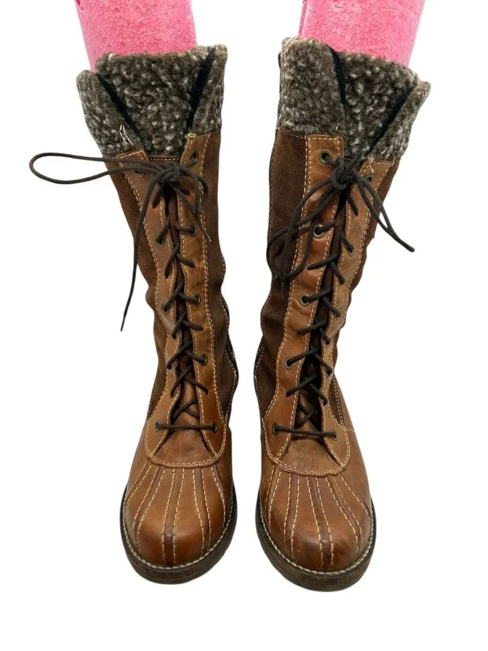 Dromedaris Brown Leather Suede Lace Up Shearling Lined Tall Winter Boots 38/7.5